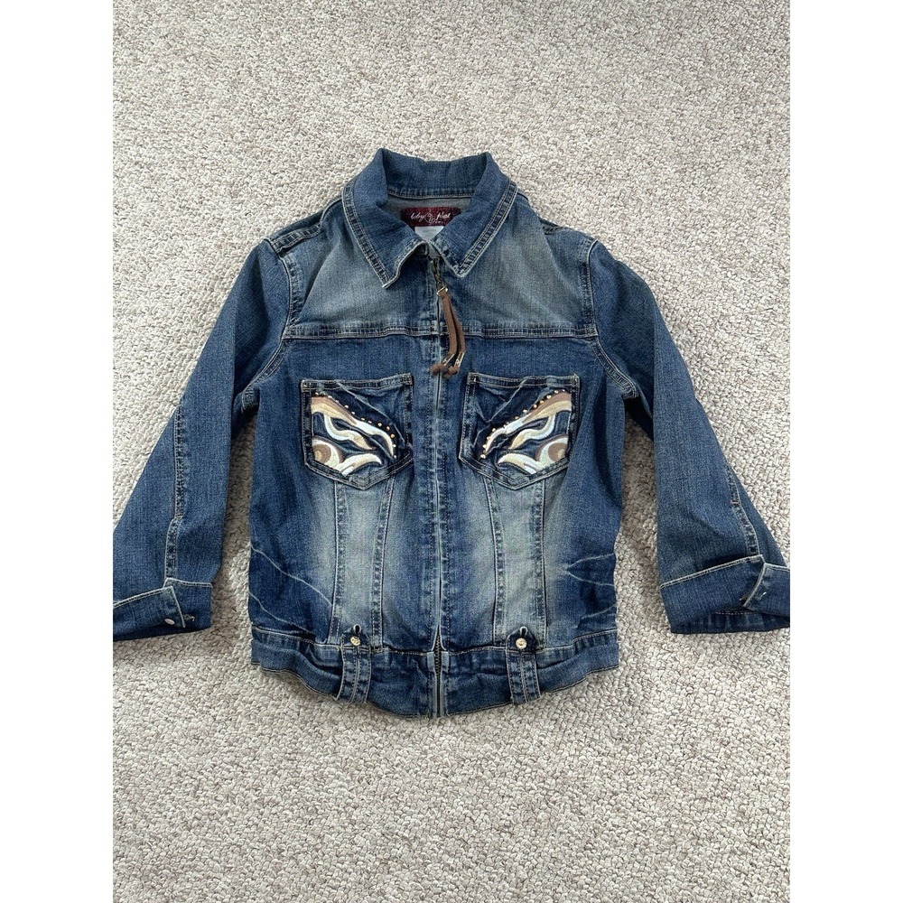 Baby Phat Denim Jacket Girls Size Small Rhinestones Embroidered Distressed Y2K